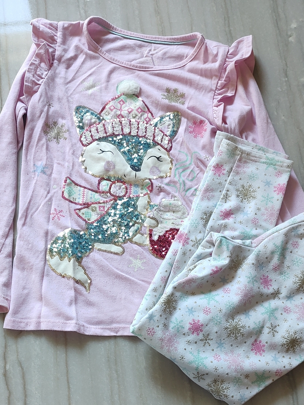 Girls' Pink Sequin Fox Winter Pajama Set